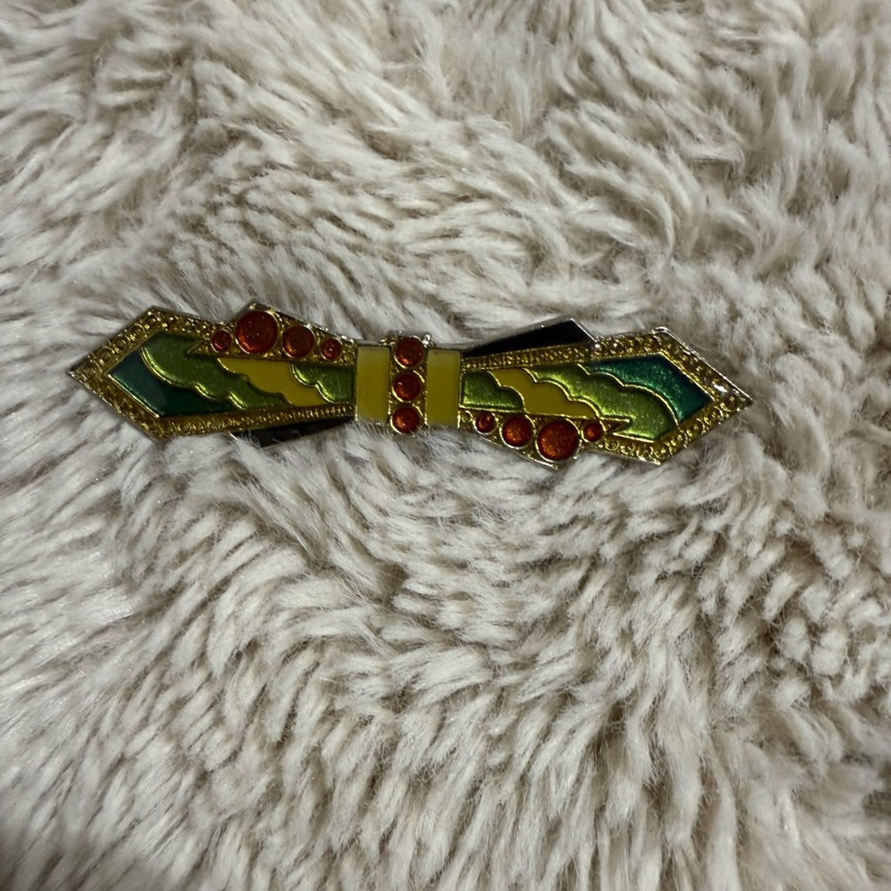 Vintage Art Deco Enamel Resin Gold Tone Bow Geometric Bar Brooch